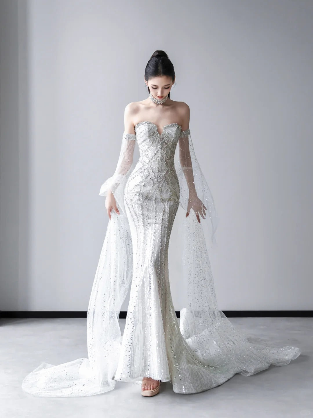 Elegant Mermaid Sweetheart Long Wedding Dress Beaded Tulle White Prom Dress MD338