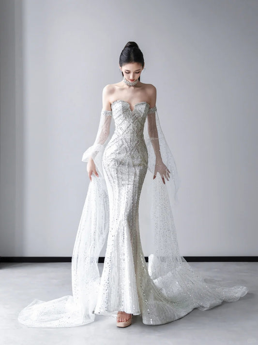 Elegant Mermaid Sweetheart Long Wedding Dress Beaded Tulle White Prom Dress MD338