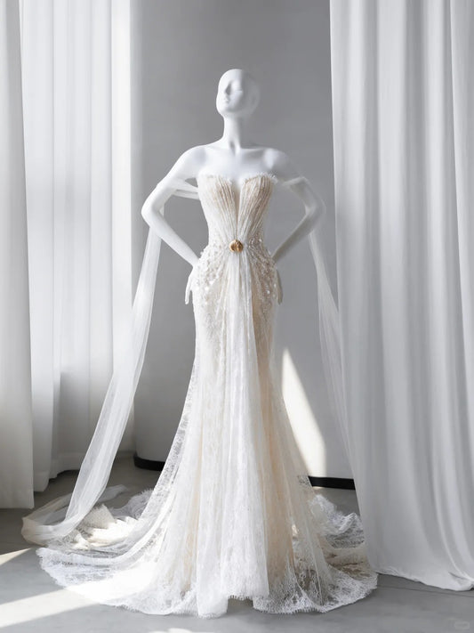Elegant Mermaid Sweetheart Long Wedding Dress Beaded Lace White Prom Dress MD339