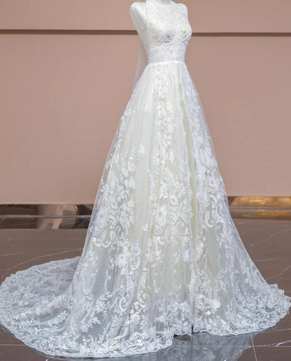 Elegant A-line Halter Neck Long Wedding Dress Lace White Prom Dress MD340