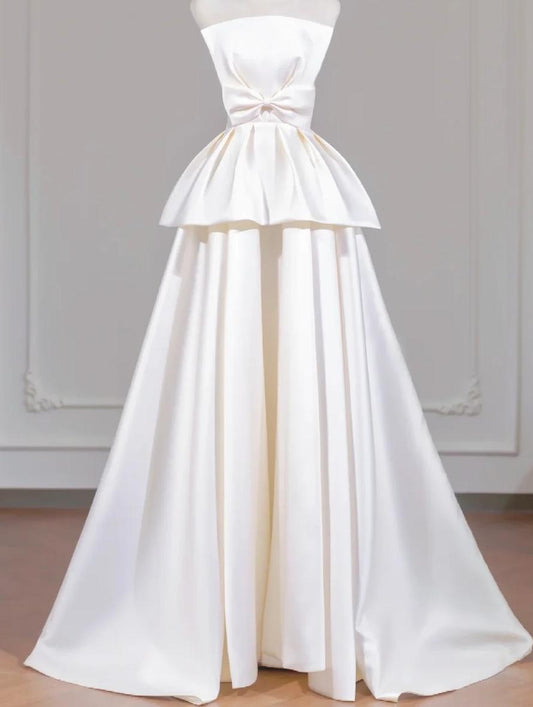 Elegant A-line Off-the-Shoulder Long Wedding Dress Satin White Prom Dress MD341