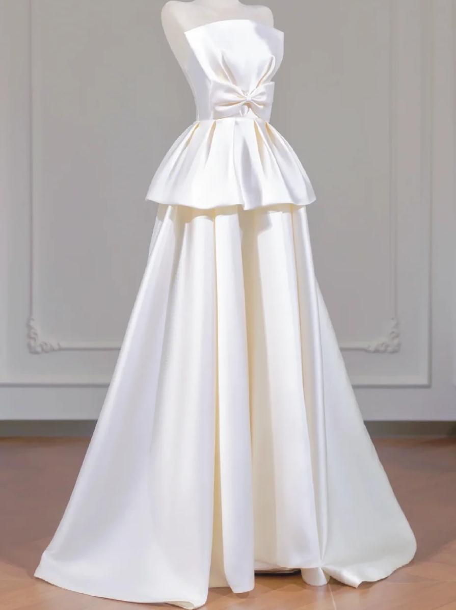 Elegant A-line Off-the-Shoulder Long Wedding Dress Satin White Prom Dress MD341