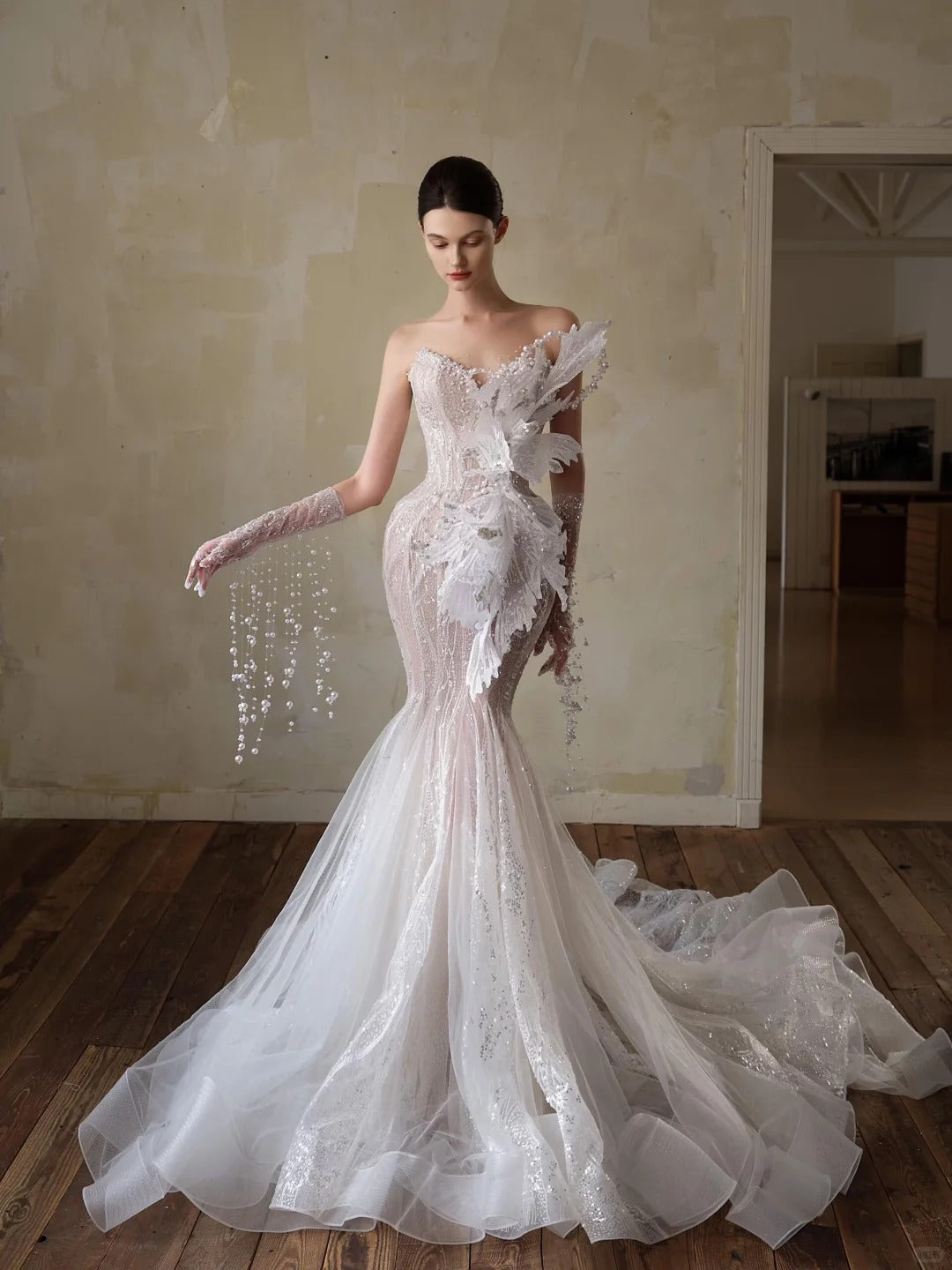 Elegant Mermaid Sweetheart Long Wedding Dress Tulle White Prom Dress MD342