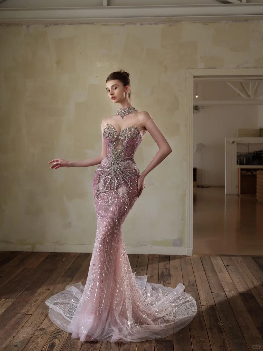 Elegant Mermaid Sweetheart Pink Long Evening Dress Beaded Tulle Prom Dress MD343