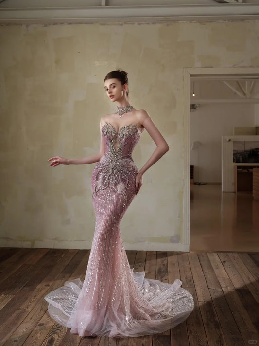 Elegant Mermaid Sweetheart Pink Long Evening Dress Beaded Tulle Prom Dress MD343