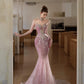 Elegant Mermaid Sweetheart Pink Long Evening Dress Beaded Tulle Prom Dress MD343