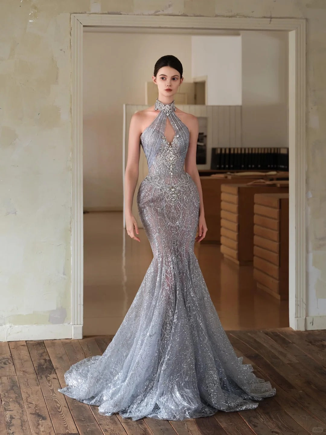 Elegant Mermaid Halter Neck Sliver Long Evening Dress Beaded Tulle Prom Dress MD344
