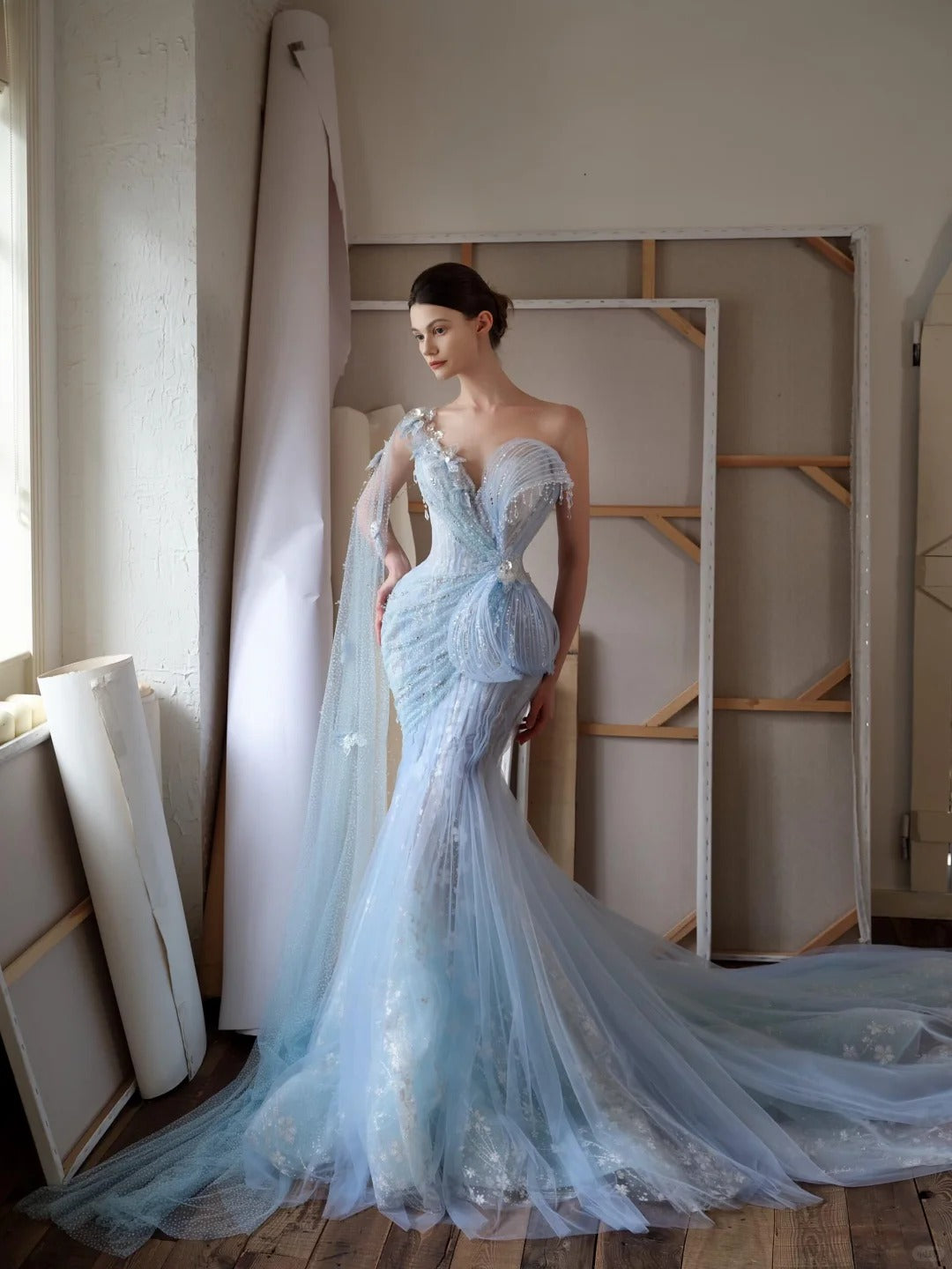 Elegant Mermaid One-the-Shoulder Blue Long Evening Dress Beaded Tulle Prom Dress MD345