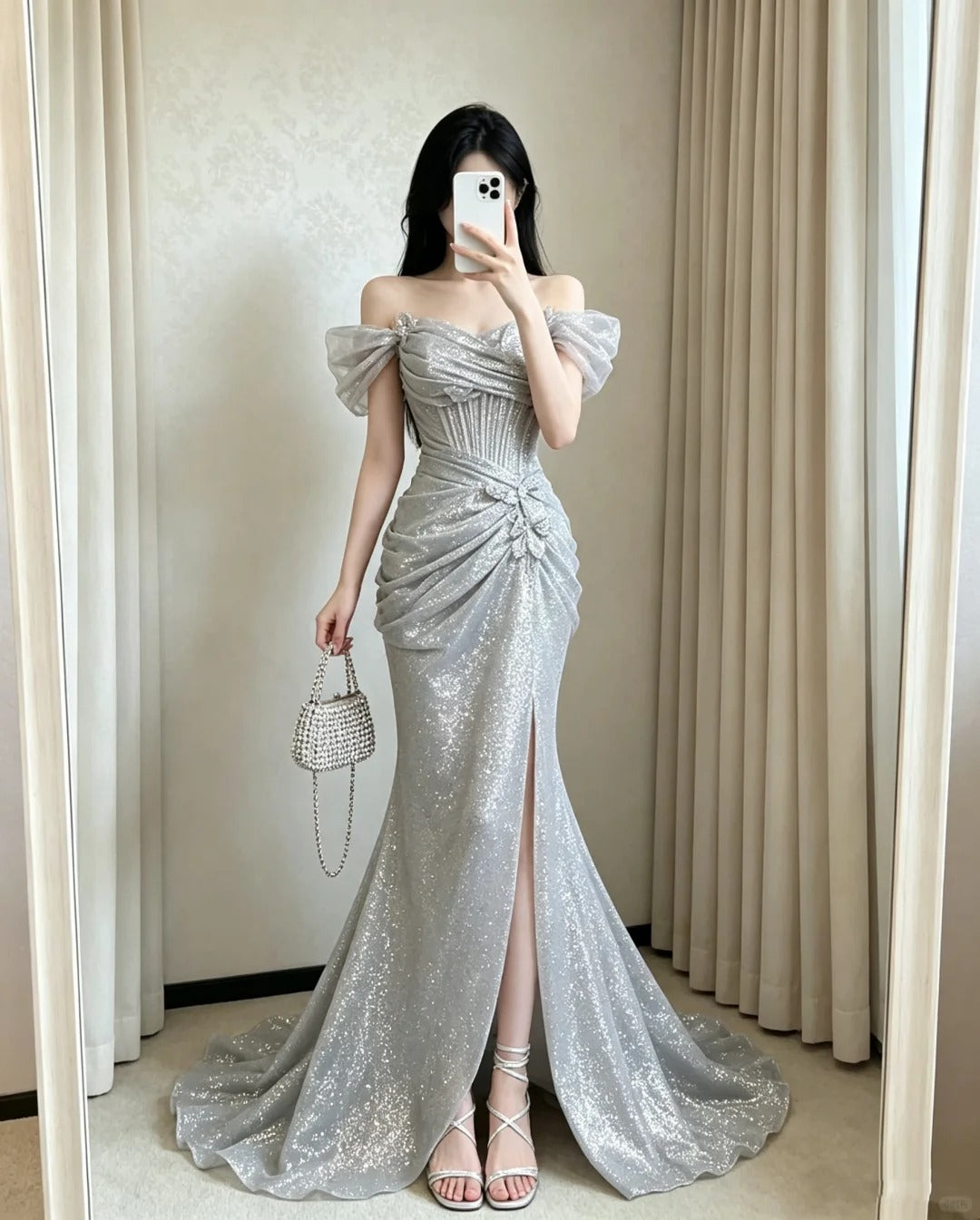 Elegant Mermaid Off-the-Shoulder Sliver Long Evening Dress High Slit Prom Dress MD347