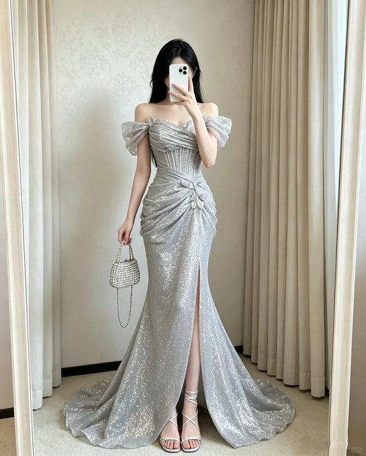 Elegant Mermaid Off-the-Shoulder Sliver Long Evening Dress High Slit Prom Dress MD347
