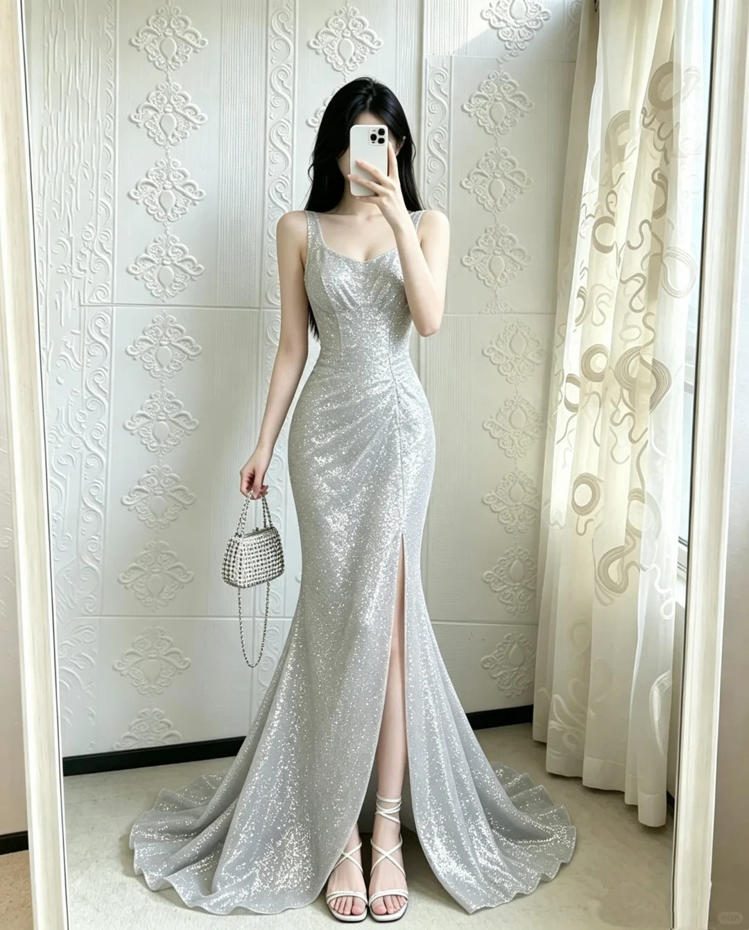 Elegant Mermaid Square Neck Sliver Long Evening Dress High Slit Prom Dress MD348