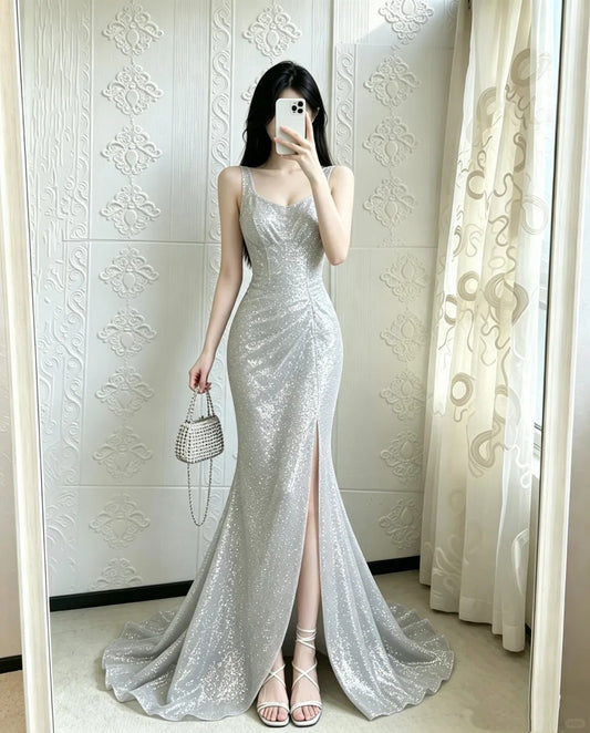 Elegant Mermaid Square Neck Sliver Long Evening Dress High Slit Prom Dress MD348