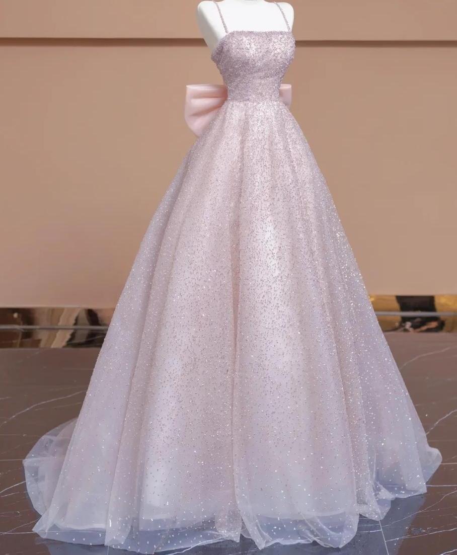 Elegant A-line Spaghetti Straps Pink Long Evening Dress Tulle Prom Dress MD351