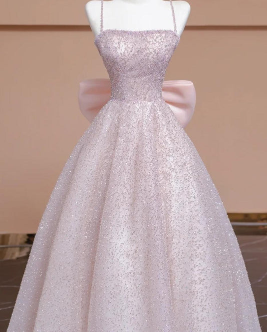 Elegant A-line Spaghetti Straps Pink Long Evening Dress Tulle Prom Dress MD351
