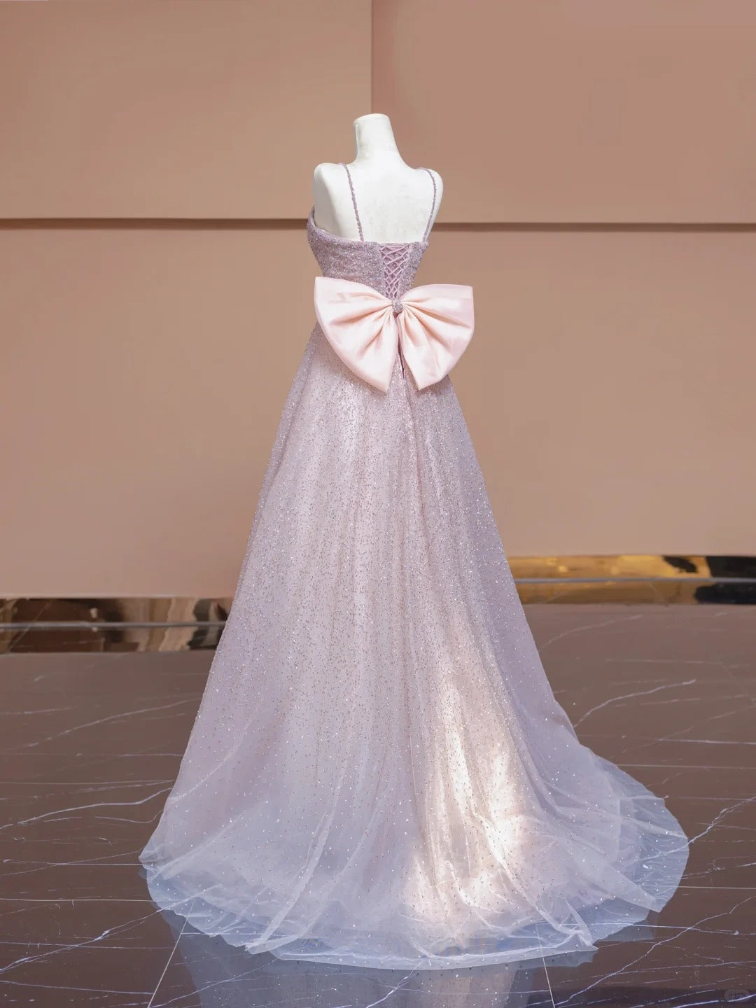 Elegant A-line Spaghetti Straps Pink Long Evening Dress Tulle Prom Dress MD351