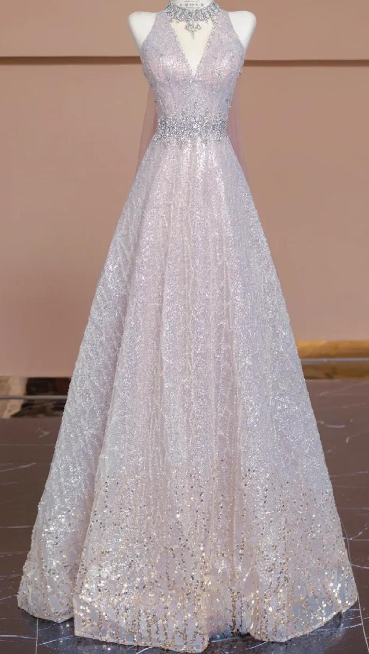 Elegant A-line V Neck Pink Long Evening Dress Beaded Tulle Prom Dress MD352