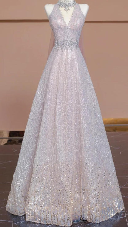 Elegant A-line V Neck Pink Long Evening Dress Beaded Tulle Prom Dress MD352