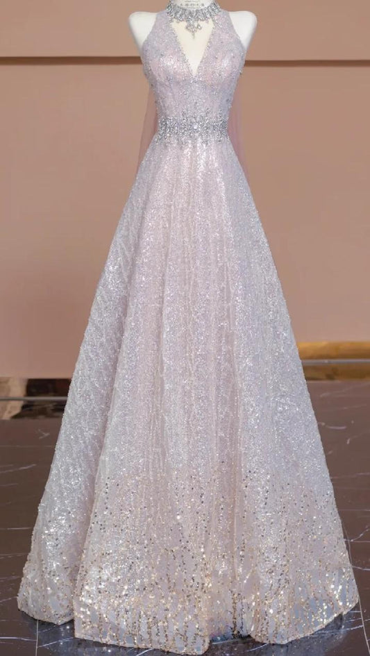 Elegant A-line V Neck Pink Long Evening Dress Beaded Tulle Prom Dress MD352