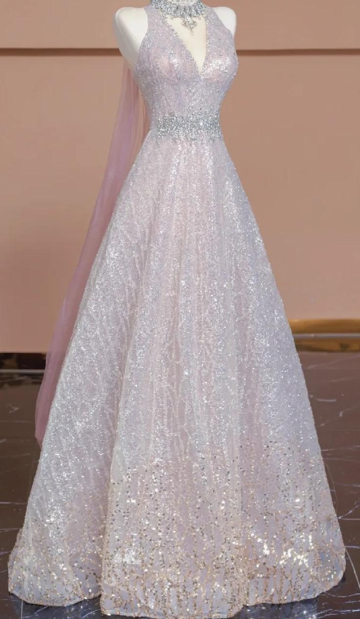 Elegant A-line V Neck Pink Long Evening Dress Beaded Tulle Prom Dress MD352