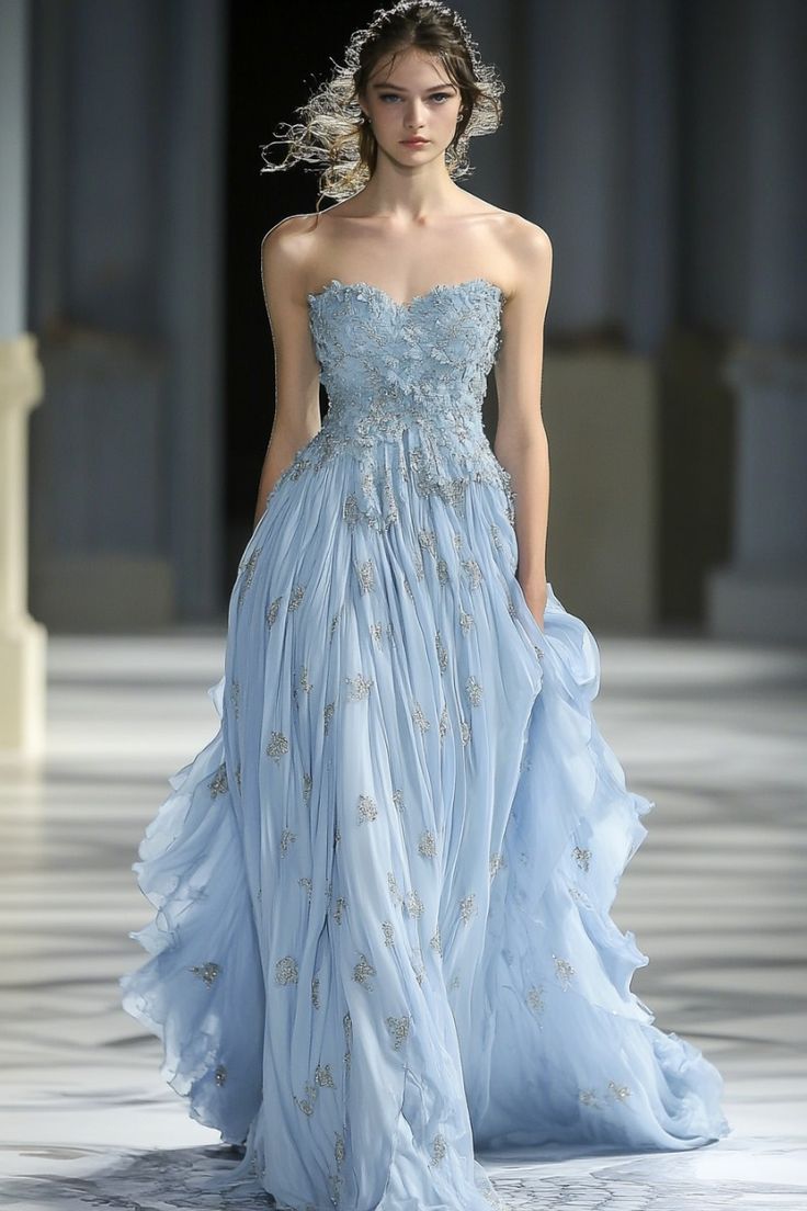 Elegant A-line Sweetheart Blue Long Evening Dress 3D appliqué floral Chiffon Prom Dress MD353