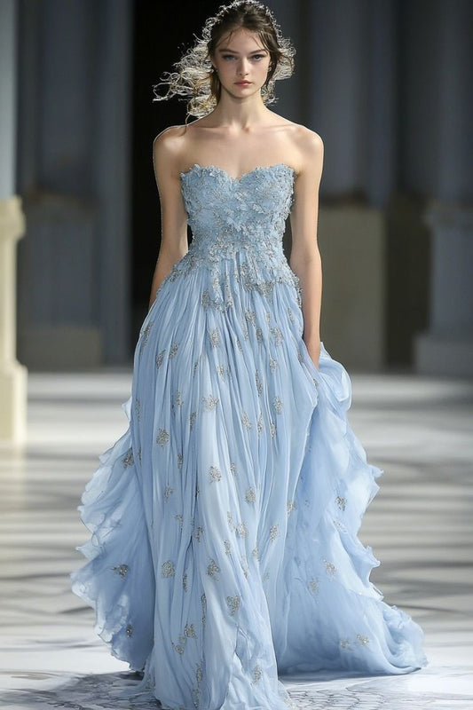 Elegant A-line Sweetheart Blue Long Evening Dress 3D appliqué floral Chiffon Prom Dress MD353