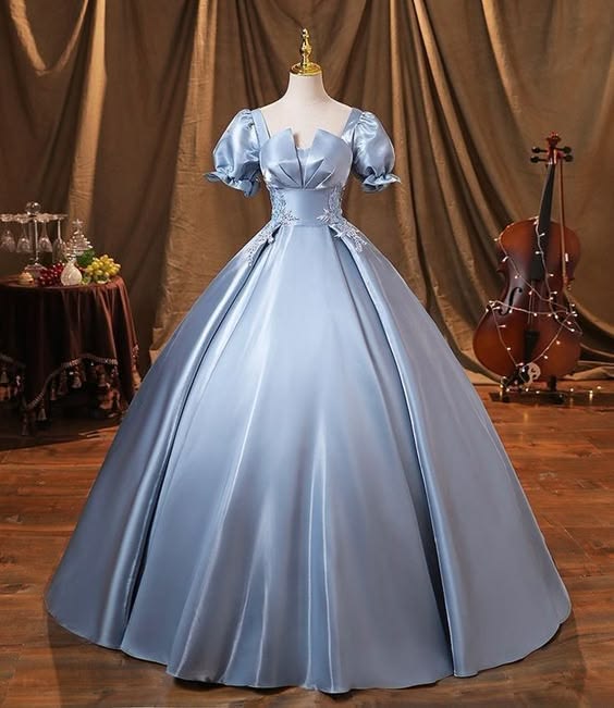 Elegant Ball Gown Square Neck Blue Long Evening Dress Satin Prom Dress MD355