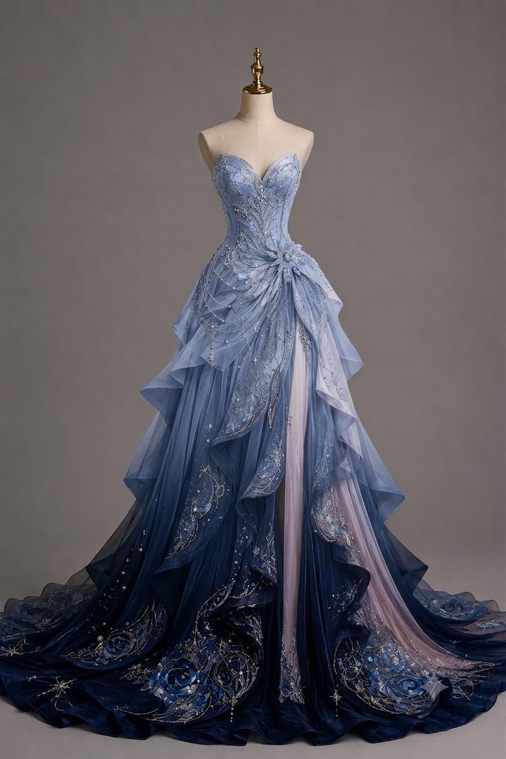 Ethereal A-line Sweetheart Blue Long Evening Dress Beaded Ruffled Tulle Prom Dress MD356