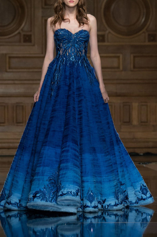 Beautiful A-line Off-the-Shoulder Blue Beaded Sequin Embroided Evening Dress Organza Prom Dress MD358