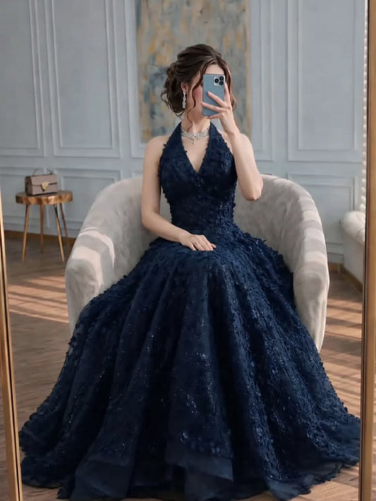 Beautiful A-line Halter Neck Dark Blue Beaded Evening Dress 3D floral appliqués Tulle Prom Dress MD360