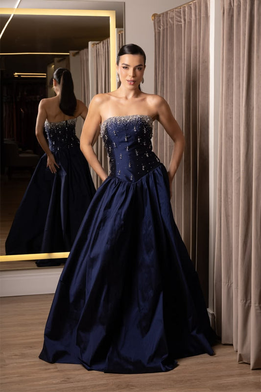 Beautiful A-line Off-the-Shoulder Dark Blue Beaded Evening Dress Satin Prom Dress MD361