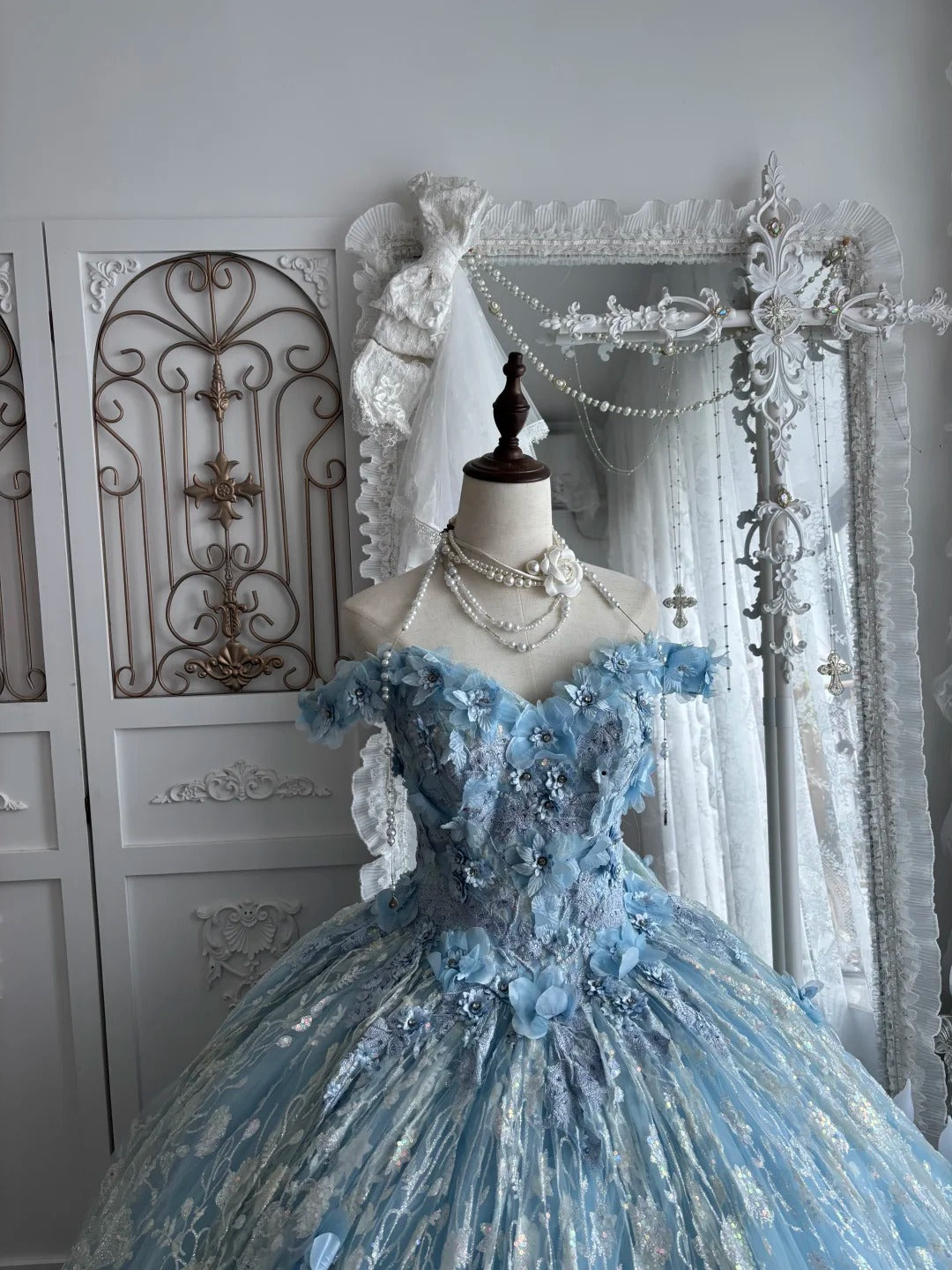 Beautiful Ball Gown Off-the-Shoulder Blue Sequins Evening Dress Lace Prom Dress MD362