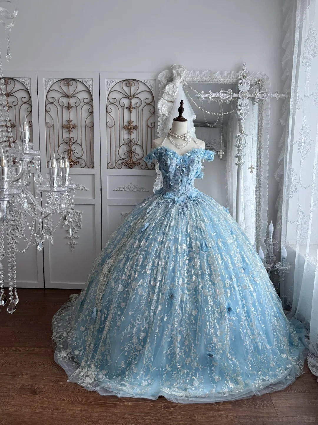 Beautiful Ball Gown Off-the-Shoulder Blue Sequins Evening Dress Lace Prom Dress MD362