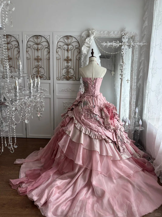 Beautiful Ball Gown Off-the-Shoulder Pink Cascade Evening Dress 3D floral appliqués Tulle Prom Dress MD363