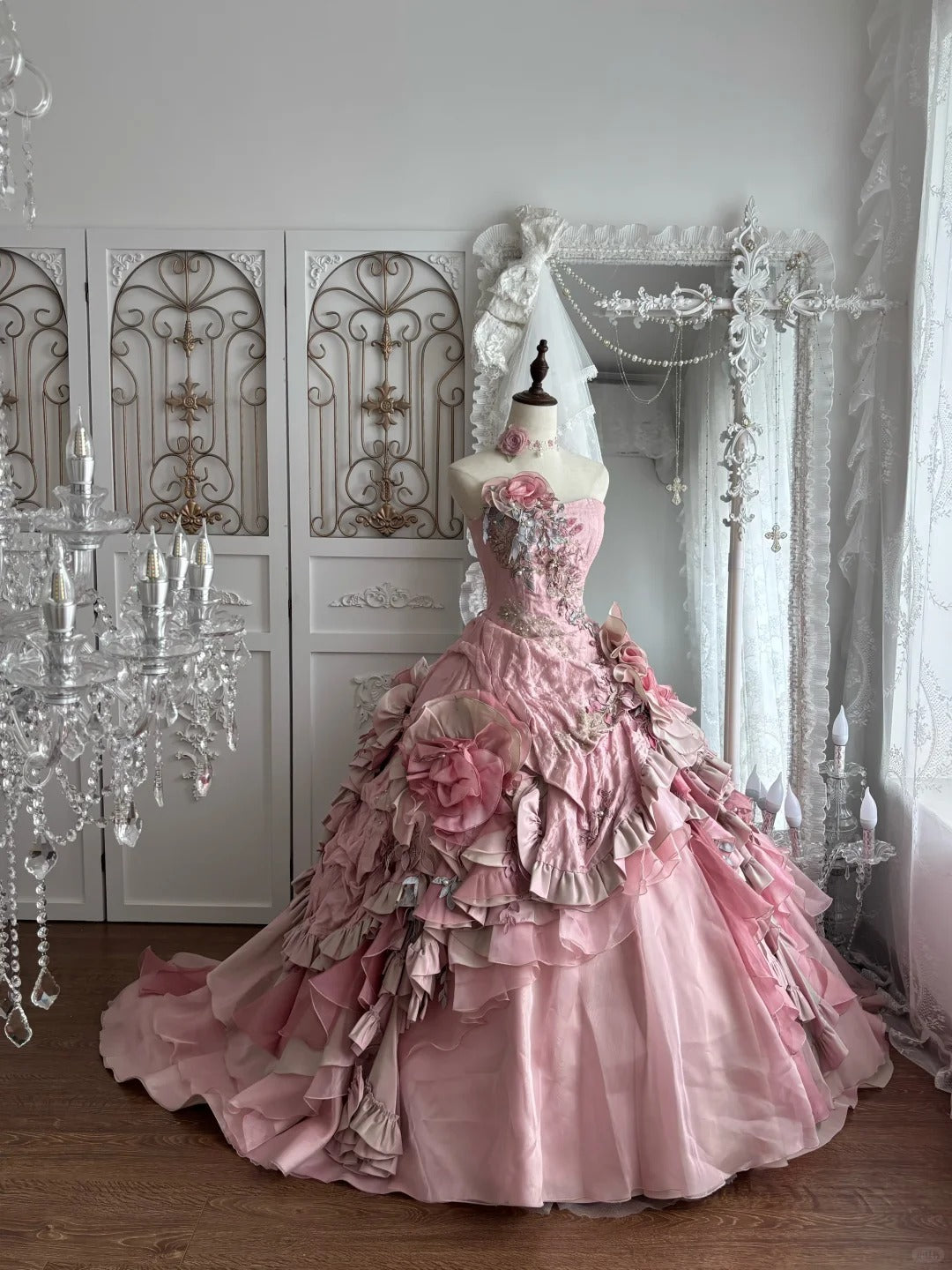Beautiful Ball Gown Off-the-Shoulder Pink Cascade Evening Dress 3D floral appliqués Tulle Prom Dress MD363