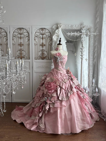Beautiful Ball Gown Off-the-Shoulder Pink Cascade Evening Dress 3D floral appliqués Tulle Prom Dress MD363