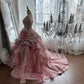 Beautiful Ball Gown Off-the-Shoulder Pink Cascade Evening Dress 3D floral appliqués Tulle Prom Dress MD363