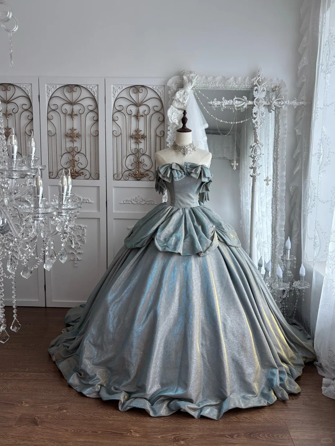 Beautiful Ball Gown Off-the-Shoulder Sliver Evening Dress Satin Prom Dress MD364