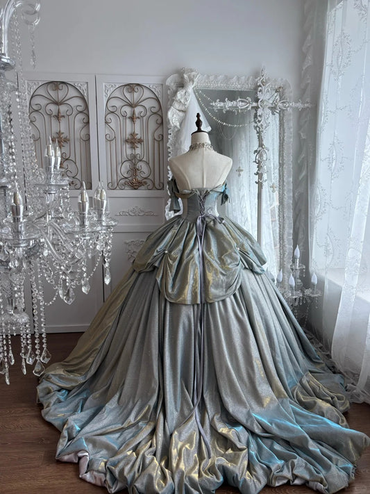 Beautiful Ball Gown Off-the-Shoulder Sliver Evening Dress Satin Prom Dress MD364