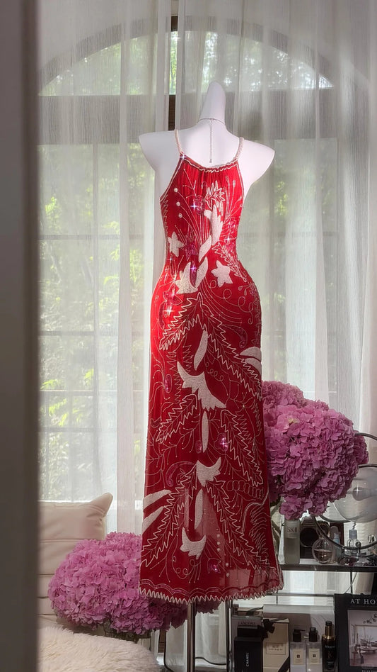 Beautiful Sheath Beaded Spaghetti Straps Red Formal Dress MD366