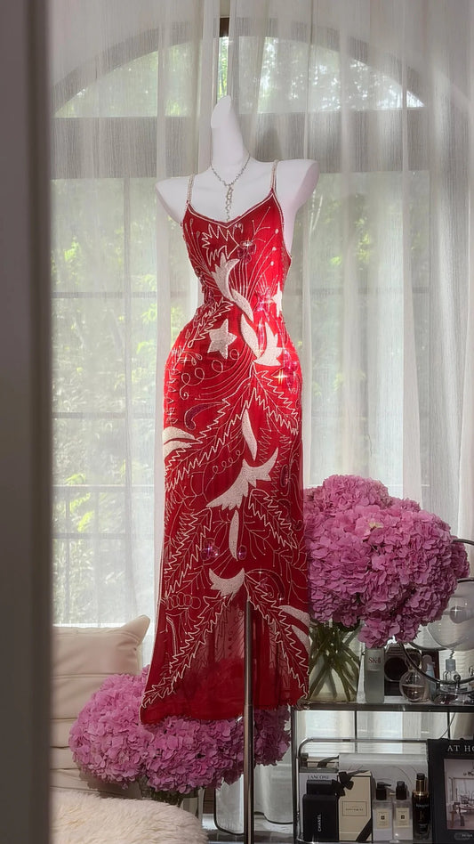 Beautiful Sheath Beaded Spaghetti Straps Red Formal Dress MD366