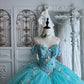 Beautiful Ball Gown Sweetheart Blue Evening Dress 3D appliqué floral Tulle Prom Dress MD368