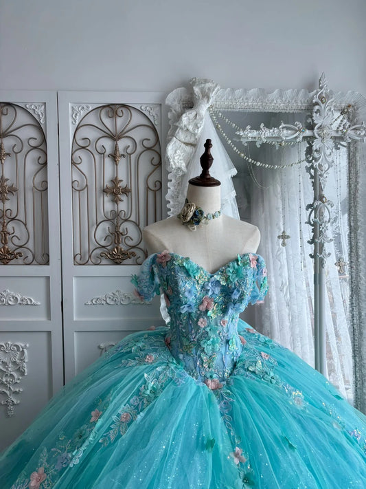 Beautiful Ball Gown Sweetheart Blue Evening Dress 3D appliqué floral Tulle Prom Dress MD368