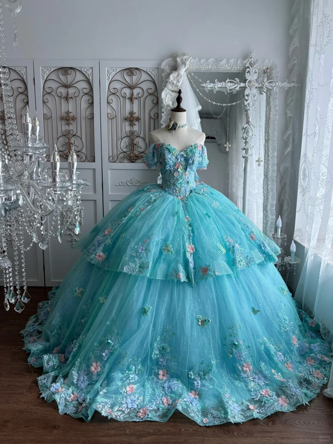 Beautiful Ball Gown Sweetheart Blue Evening Dress 3D appliqué floral Tulle Prom Dress MD368