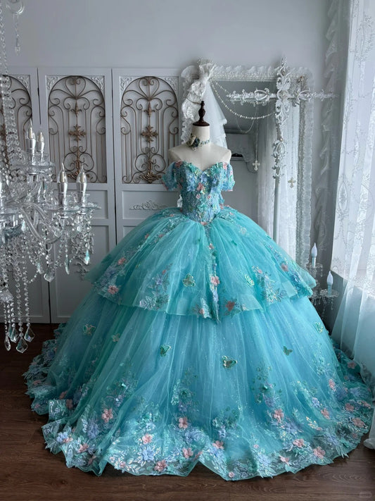 Beautiful Ball Gown Sweetheart Blue Evening Dress 3D appliqué floral Tulle Prom Dress MD368