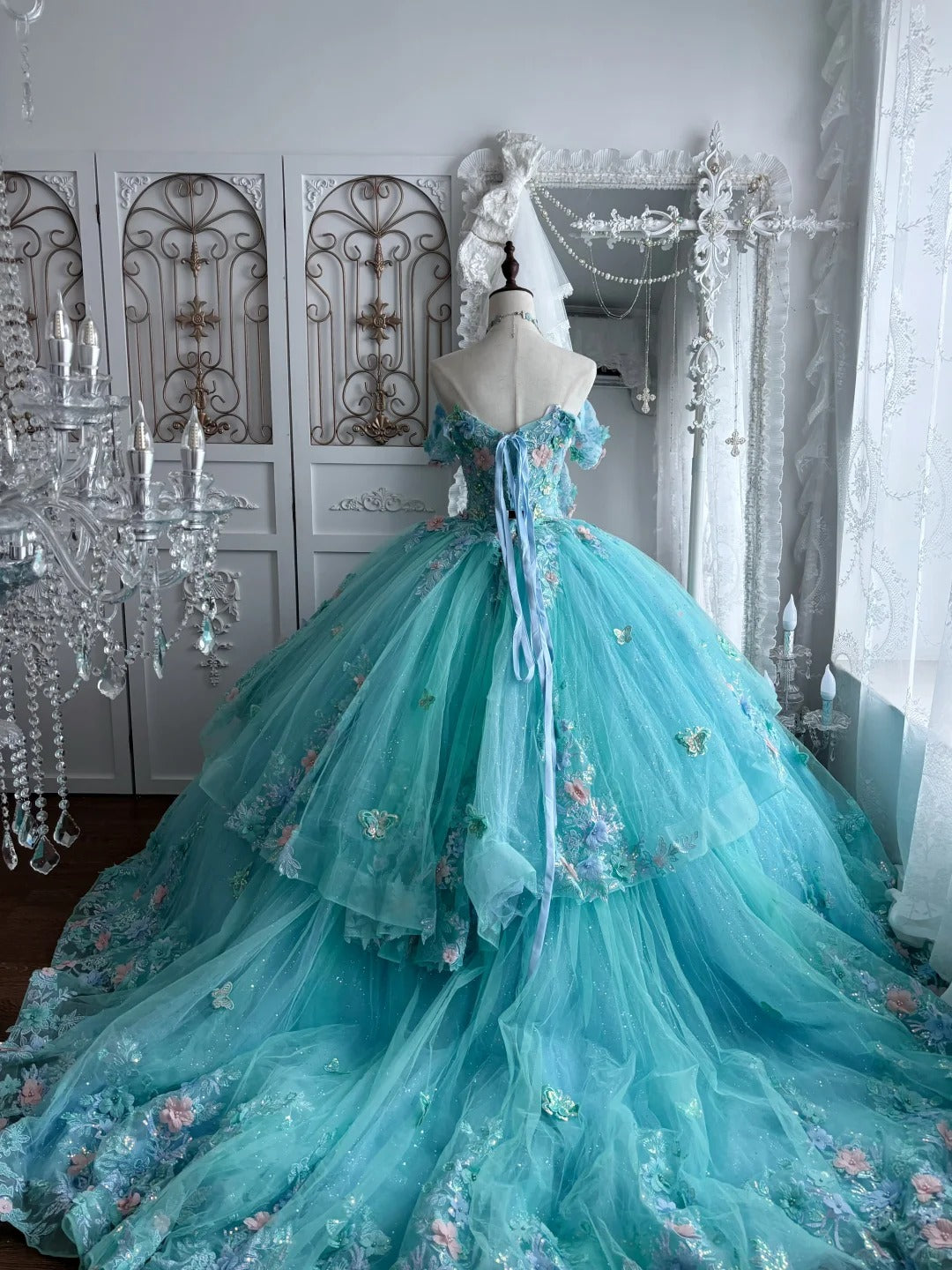 Beautiful Ball Gown Sweetheart Blue Evening Dress 3D appliqué floral Tulle Prom Dress MD368
