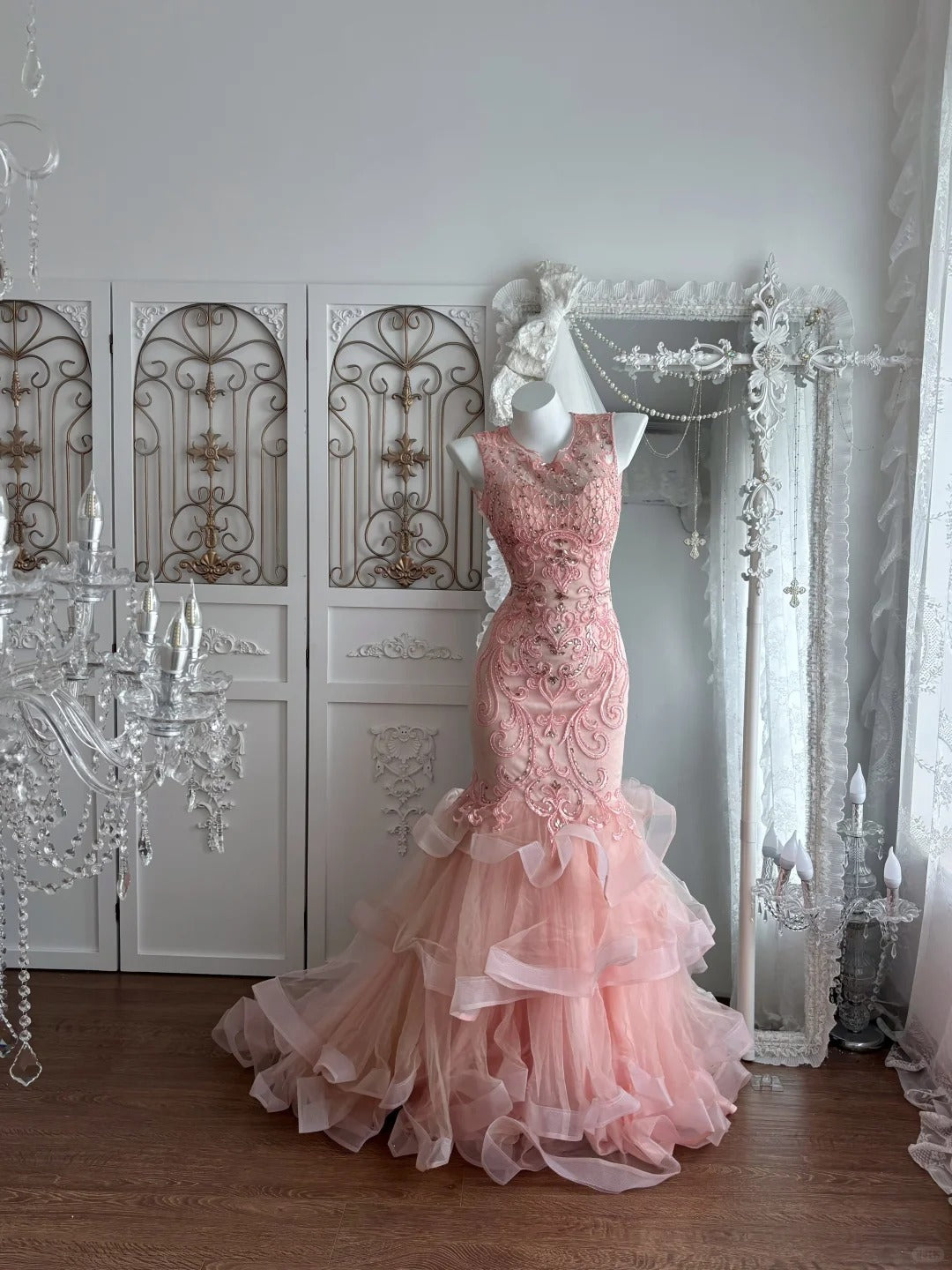 Beautiful Sheath Round Neck Pink Evening Dress Beaded Ruffled Tulle Prom Dress MD369