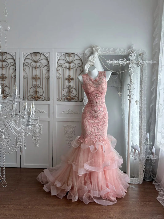 Beautiful Sheath Round Neck Pink Evening Dress Beaded Ruffled Tulle Prom Dress MD369
