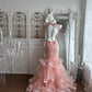 Beautiful Sheath Round Neck Pink Evening Dress Beaded Ruffled Tulle Prom Dress MD369