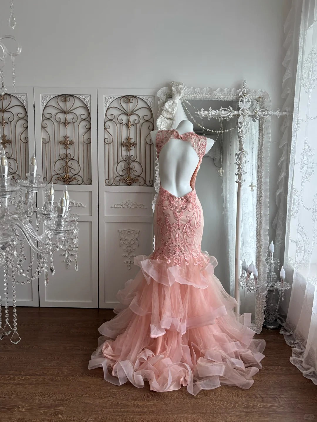 Beautiful Sheath Round Neck Pink Evening Dress Beaded Ruffled Tulle Prom Dress MD369