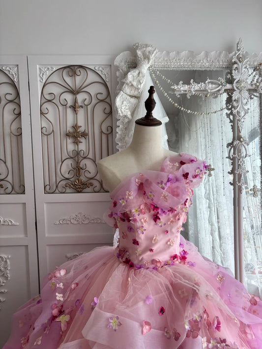 Beautiful Ball Gown One-the-Shoulder Pink Evening Dress 3D appliqué floral Ruffled Tulle Prom Dress MD370
